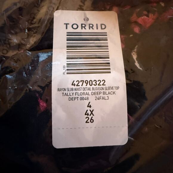 NWT Torrid Rayon Slub Waist Detail Blouson Sleeve Top Black Floral Size 4X - Picture 6 of 7